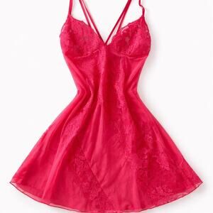 Frederick’s of Hollywood Hot Pink Lace Babydoll Slip Dress Sheer Mesh Lingerie M